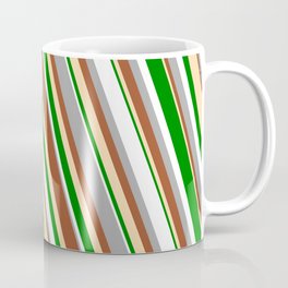 [ Thumbnail: Vibrant Dark Grey, Sienna, Tan, Green & White Colored Lined Pattern Coffee Mug ]