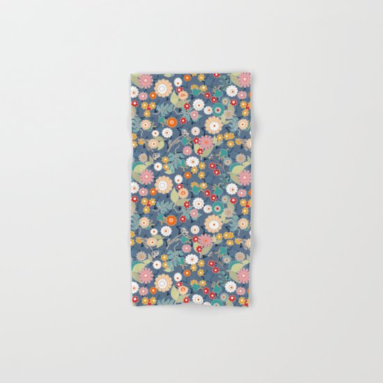 Colorful flowers on a denim background. Hand & Bath Towel