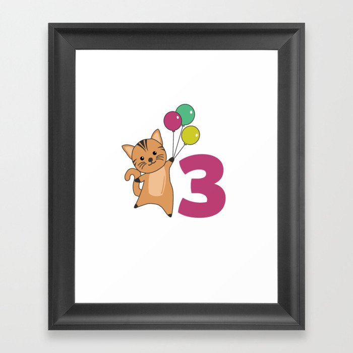 Cat Third Birthday Balloons For Kids Framed Art Print