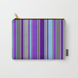 [ Thumbnail: Eye-catching Light Sky Blue, Indigo, Purple, Dark Gray & Dim Grey Colored Lines Pattern Carry-All Pouch ]