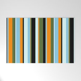 [ Thumbnail: Eyecatching Dark Olive Green, Dark Orange, Sky Blue, Light Cyan & Black Colored Lines Pattern Welcome Mat ]