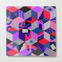 Isometric Cubes - Teal/Orchid/Strawberry Metal Print | Isometric, Geometric, Purple, Neon, Waves, Teal, Red, Drawing, Pattern, Ink Pen 