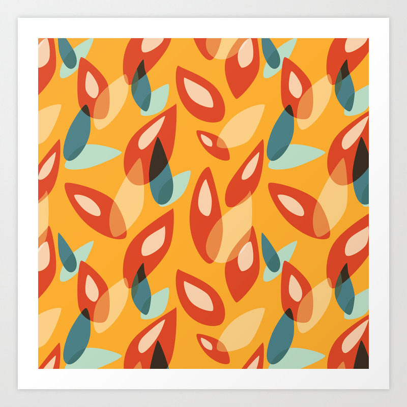 Orange Blue Yellow Abstract Autumn Leaves Pattern Art Print By
