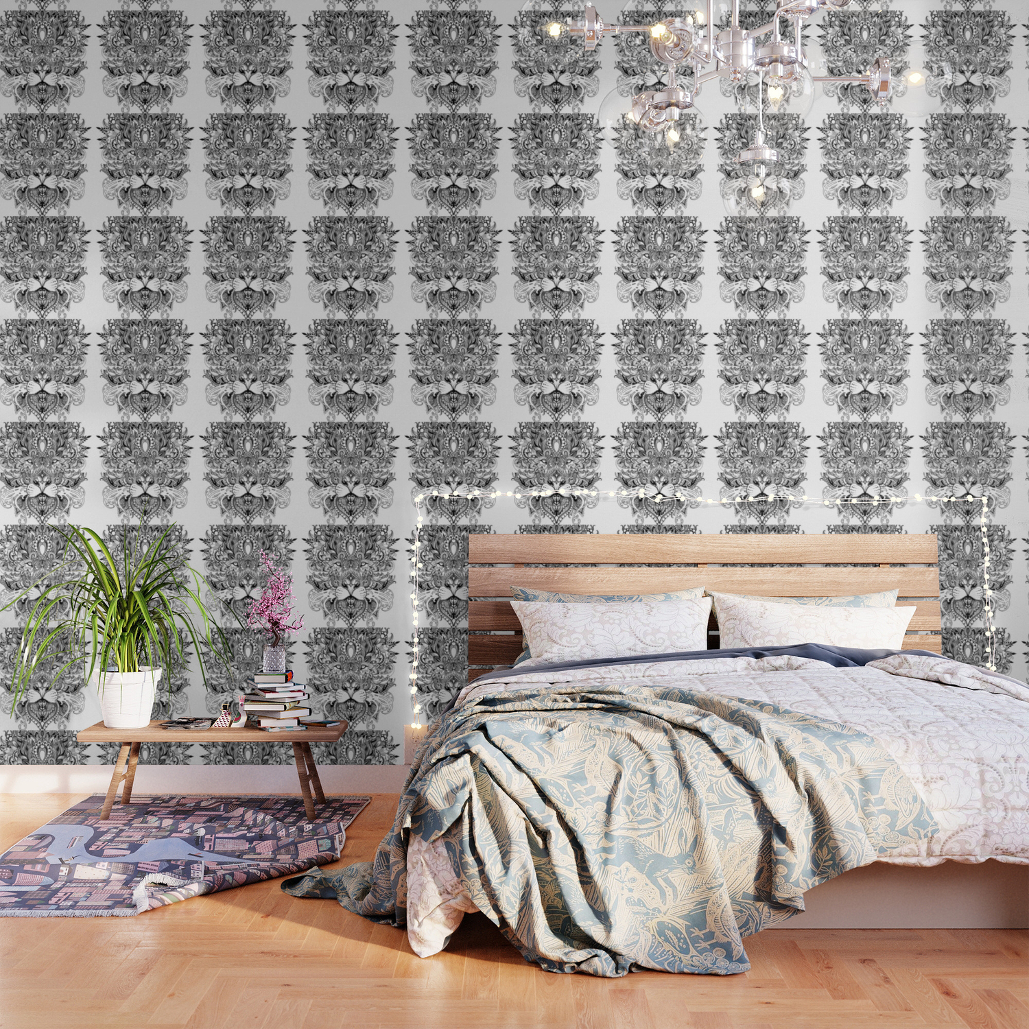 Black And White Geometric pattern mandala lion face Wallpaper by sarachnid  | Society6