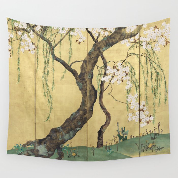 Cherry Tree Japanese Edo Period Six-Panel Gold Leaf Screen Wall Tapestry