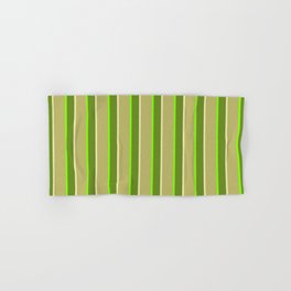 [ Thumbnail: Green, Pale Goldenrod, Dark Khaki & Chartreuse Colored Lines/Stripes Pattern Hand & Bath Towel ]