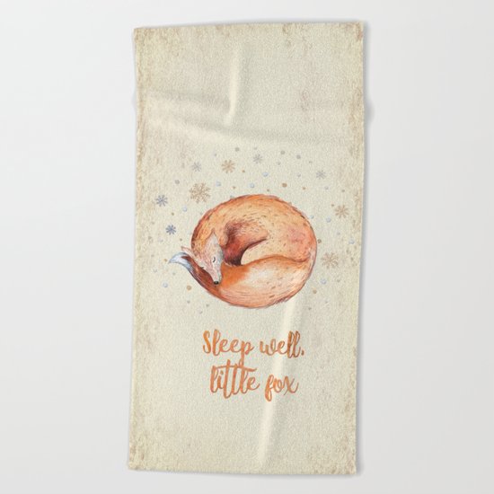 Sleep well little fox- Watercolor animal illustration and Typography Beach Towel