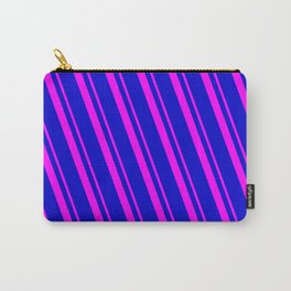 [ Thumbnail: Blue and Fuchsia Colored Striped Pattern Carry-All Pouch ]