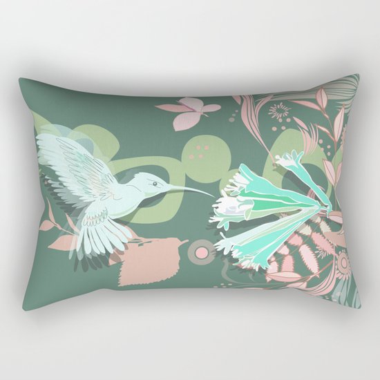 Hummingbird leaf tangle, green pale pink Rectangular Pillow