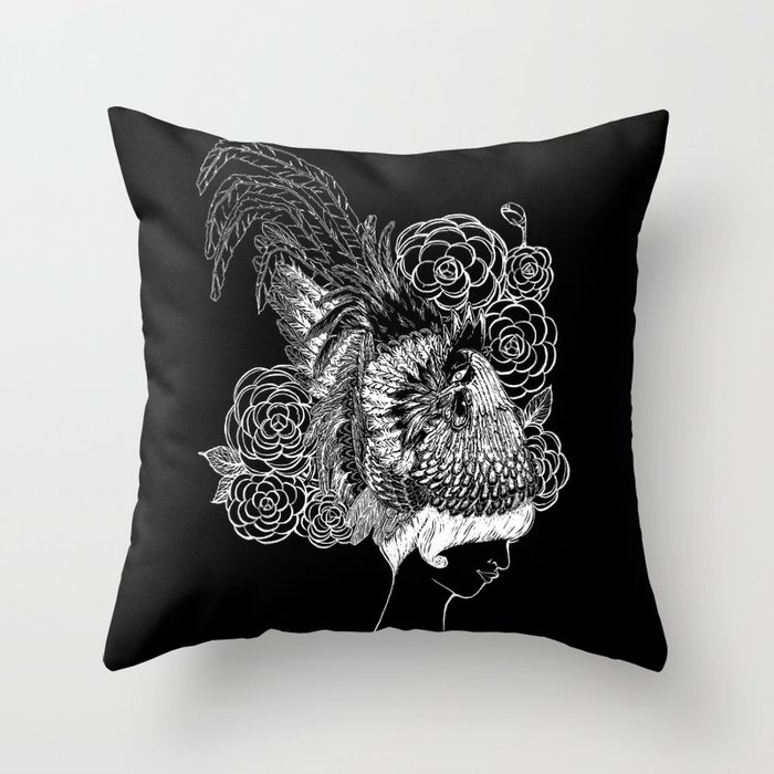 Rooster&Camellia Hat, White on Black Throw Pillow
