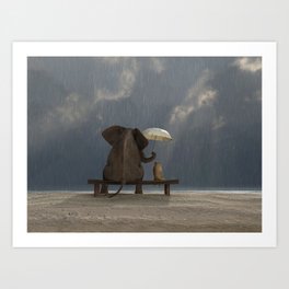 elephant and dog sit under the rain Art Print