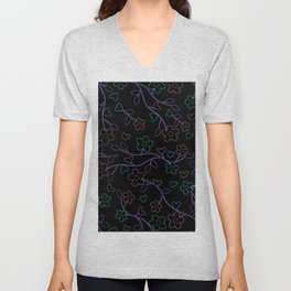 Flowers And Hearts Bright Floral Seamless Pattern Print, Black Background Vintage Seamless Pattern With Blooming Flowers V Neck T Shirt