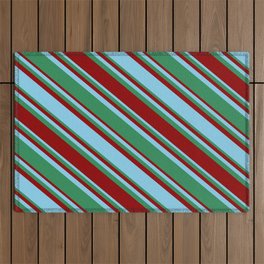 [ Thumbnail: Sky Blue, Sea Green, and Dark Red Colored Lined/Striped Pattern Outdoor Rug ]