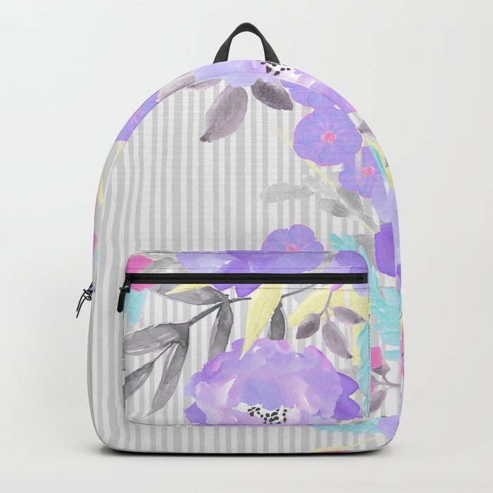 Watercolor violet pink gray stripes floral Backpack