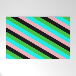 [ Thumbnail: Lime Green, Cyan, Light Pink & Black Colored Striped Pattern Welcome Mat ]