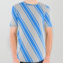 [ Thumbnail: Light Gray and Blue Colored Striped Pattern All Over Graphic Tee ]