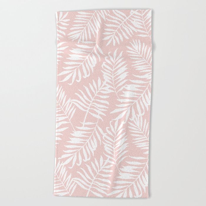 Tropical Palm Leaves - Pink & White Palm Leaf Pattern Beach Towel