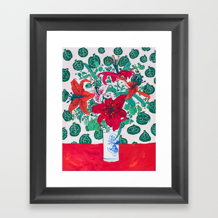 Tropical Lily Bouquet in Delft Vase with Matisse Leaf Cutout Background Framed Art Print