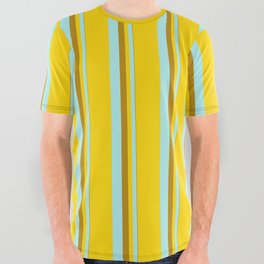 [ Thumbnail: Dark Goldenrod, Turquoise & Yellow Colored Striped/Lined Pattern All Over Graphic Tee ]