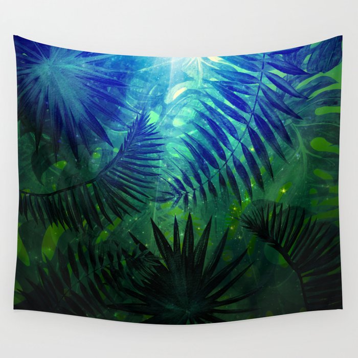 Blue Aloha - Morning Light abstract Tropical Palm Leaves and Monstera Leaf Garden Wall Tapestry