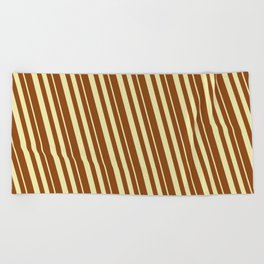 [ Thumbnail: Pale Goldenrod & Brown Colored Striped/Lined Pattern Beach Towel ]