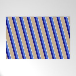 [ Thumbnail: Royal Blue, Dark Blue, Tan & Light Cyan Colored Stripes/Lines Pattern Welcome Mat ]