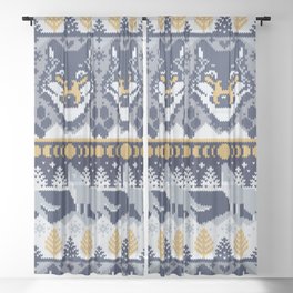 Fair isle knitting grey wolf // navy blue and grey wolves yellow moons and pine trees Sheer Curtain