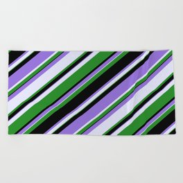 [ Thumbnail: Purple, Lavender, Forest Green & Black Colored Stripes Pattern Beach Towel ]