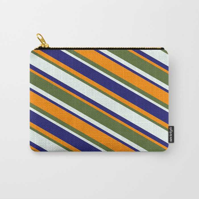 Midnight Blue, Dark Orange, Dark Olive Green, and Mint Cream Colored Pattern of Stripes Carry-All Pouch