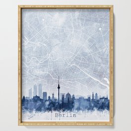 Berlin Skyline & Map Watercolor Navy Blue, Print by Zouzounio Art Serving Tray