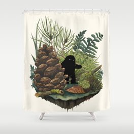 Tiny Sasquatch Shower Curtain | Woods, Curated, Environmental, Painting, Evergreen, Nature, Illustration, Pinecone, Cryptozoology, Fern 