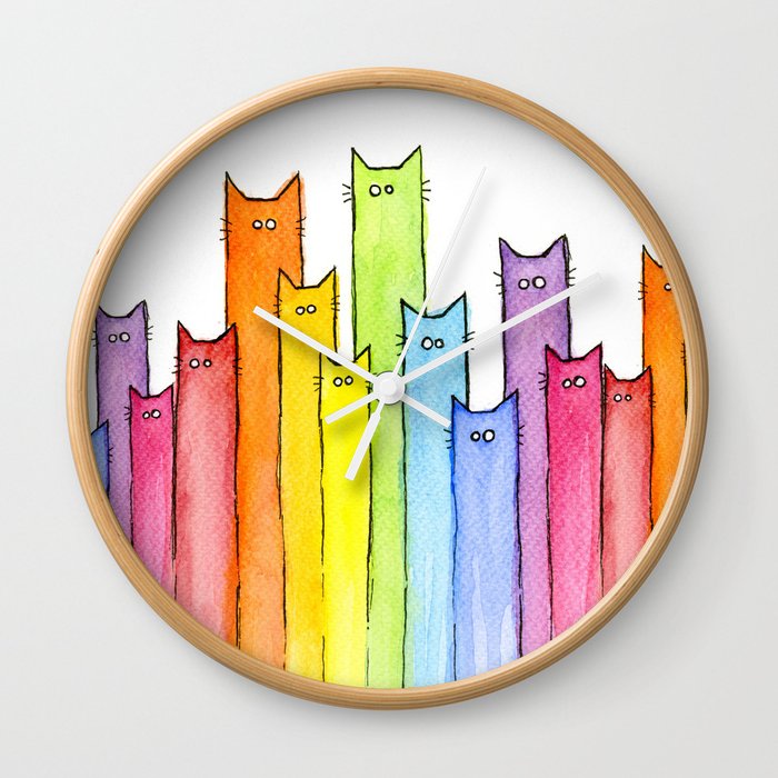 Cat Rainbow Watercolor Pattern Wall Clock