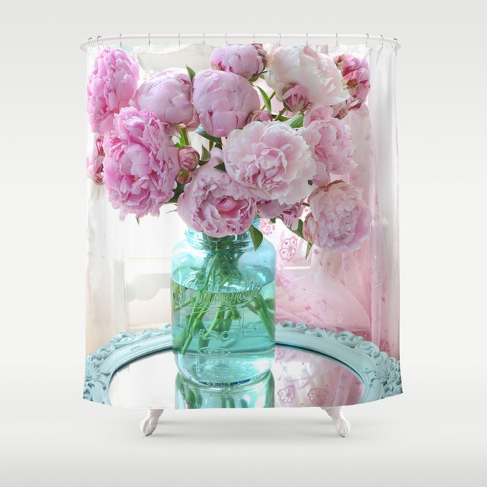 Peonies In Aqua Vase Vintage Romantic Peony Bedroom Decor Shower Curtain By Kathyfornal