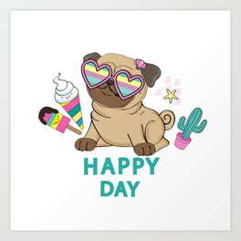 Funny Pug Glasses Inscription Happy Day Art Print | Pugs, Pugcartoon, Pugdrawing, Pughalloween, Pugface, Pug, Pugart, Pugartwork, Pugmom, Pugphotography 