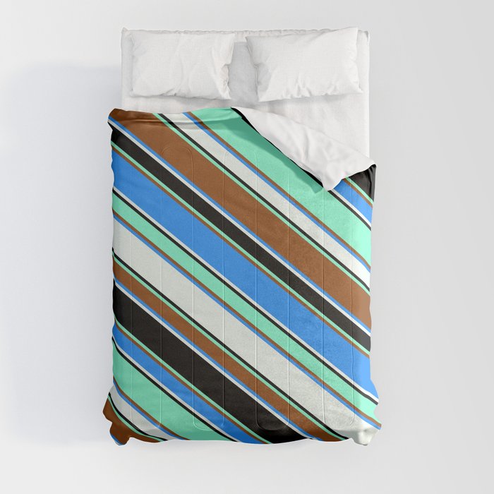 Colorful Brown, Blue, Mint Cream, Black & Aquamarine Colored Striped Pattern Comforter
