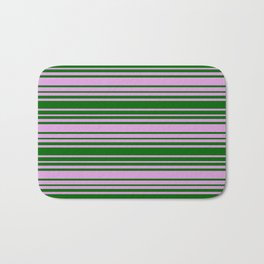 [ Thumbnail: Dark Green and Plum Colored Striped Pattern Bath Mat ]