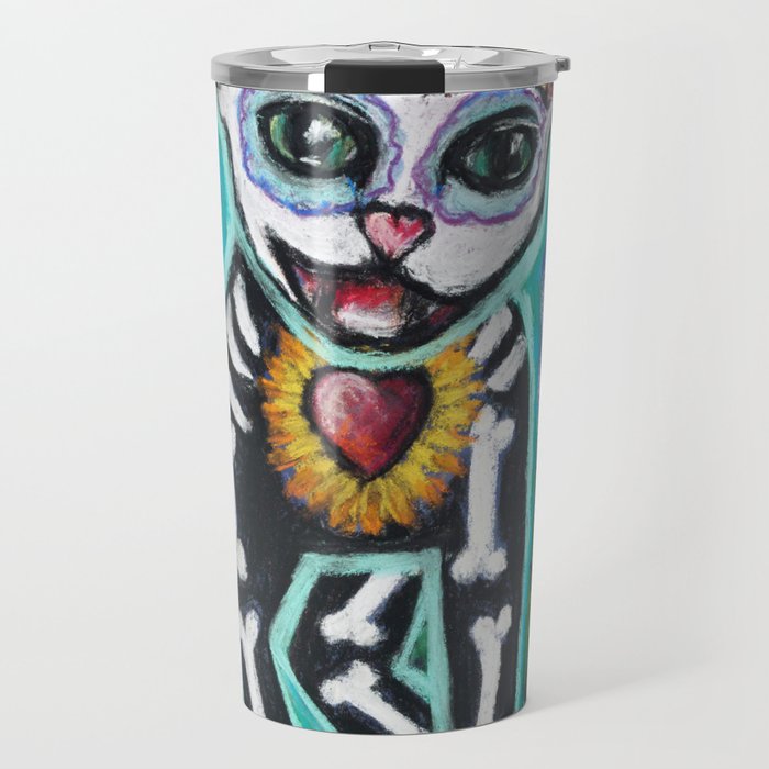 Turquoise Day of the Dead Cat Travel Mug