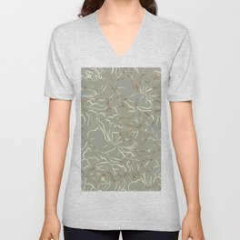 Modern Abstract Flower Garden Line Art in Evergreen Copper V Neck T Shirt