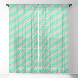 [ Thumbnail: Green & Light Pink Colored Striped Pattern Sheer Curtain ]