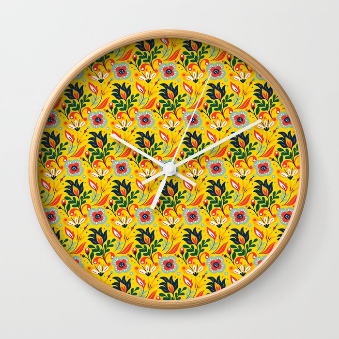 Colorful Floral Pattern On Yellow Background Wall Clock