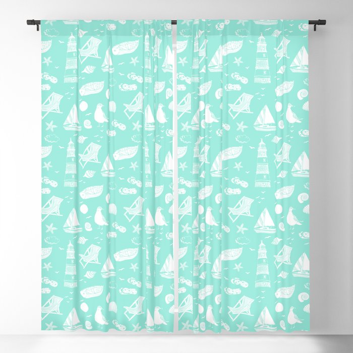 Mint Blue And White Summer Beach Elements Pattern Blackout Curtain