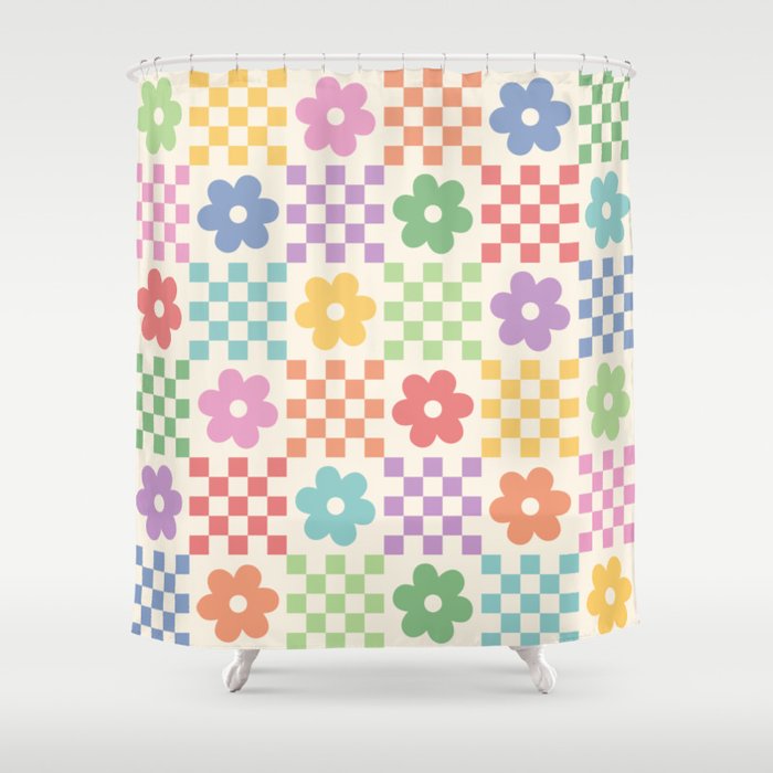 Colorful Flowers Double Checker Shower Curtain