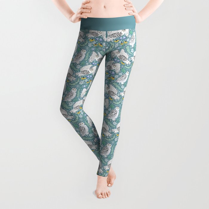 Snowy Owls on a Snowy Day - Teal Background Leggings