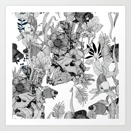Skull & Flowers, Hand-drawn elements. Art Print
