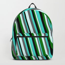 [ Thumbnail: Eyecatching Turquoise, Dim Grey, Light Cyan, Green & Black Colored Striped Pattern Backpack ]