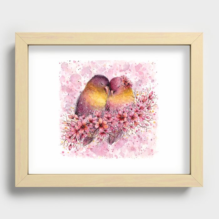 Watercolor love birds and sakura flowers print wedding valentines gift Recessed Framed Print
