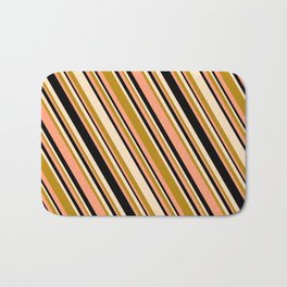 [ Thumbnail: Bisque, Dark Goldenrod, Light Salmon & Black Colored Stripes/Lines Pattern Bath Mat ]