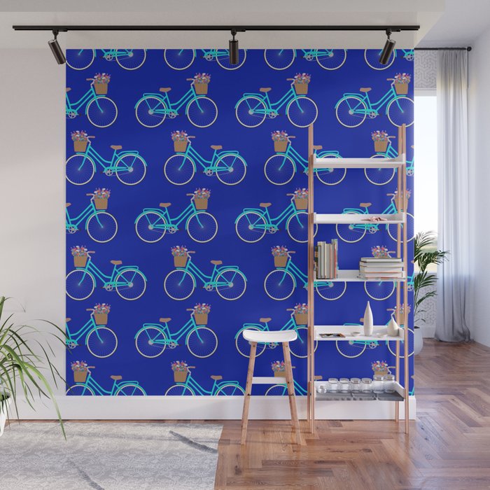 Bicycle with flower basket on blue Wall Mural