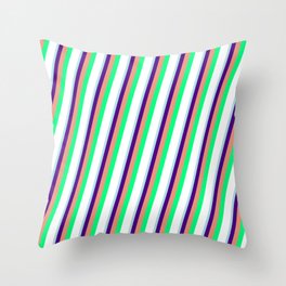 [ Thumbnail: Powder Blue, Indigo, Dark Salmon, Green, and White Colored Pattern of Stripes Throw Pillow ]