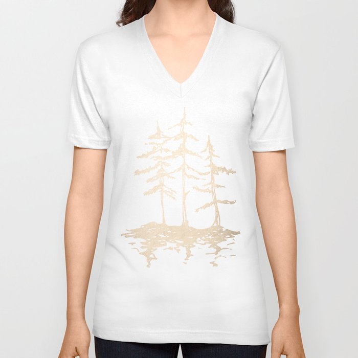 Three Sisters Forest White Gold Trees V Neck T Shirt